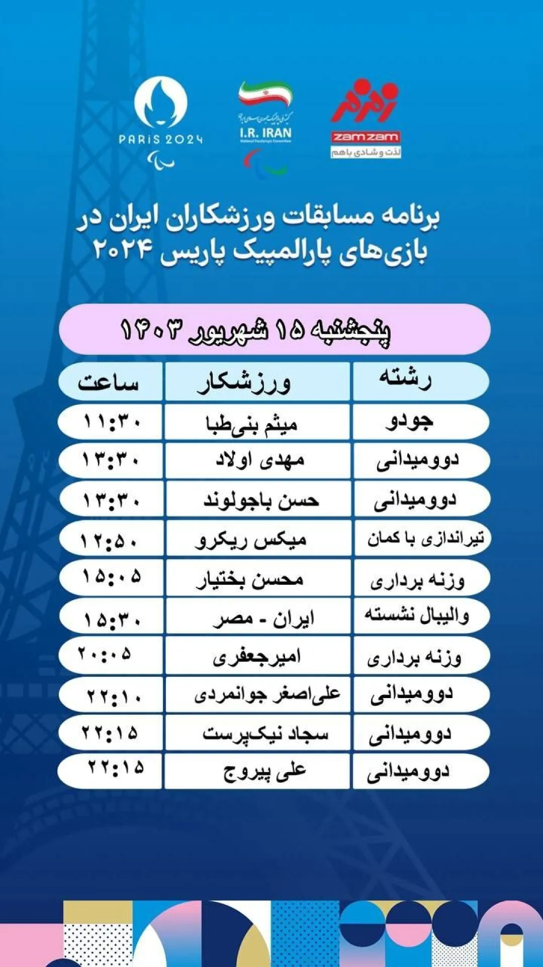 برنامه روز هشتم کاروان ایران در پارالمپیک